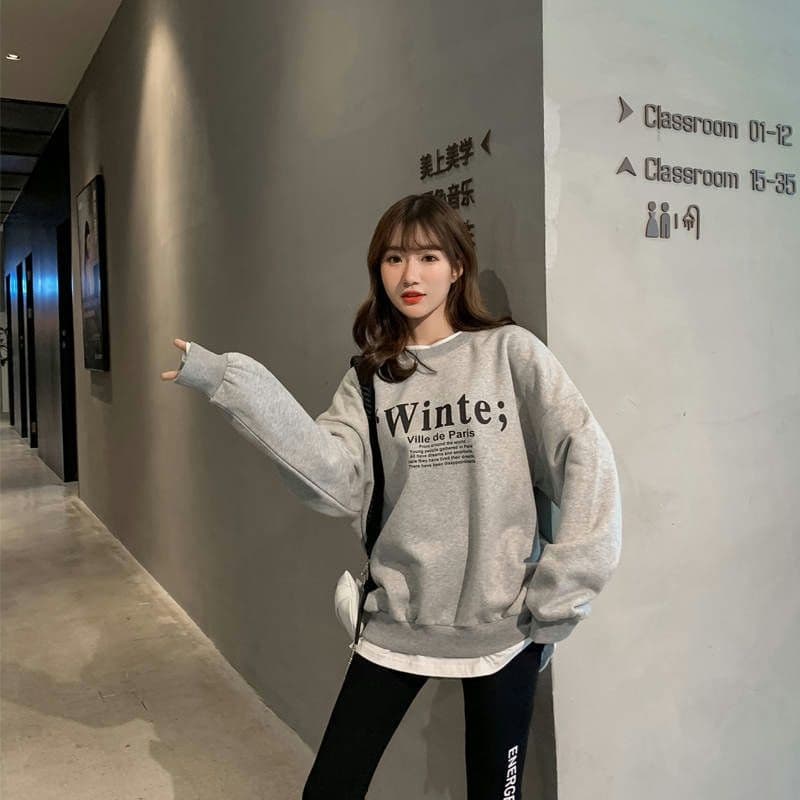 털이 있는 가을 겨울 한국 스타일 루즈핏 알파벳 다용도 페이크 레이어드 라운드 넥 후드티 여자 학생 맨위 외부 한국 대외 무역 상세 이미지 11