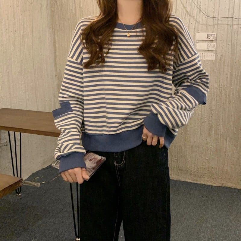 물고기 규모 스트라이프 긴팔 얇은 스타일 후드티 여성 의류 가을 디자인 센스 패션 맨위 한국 대외 무역 한 싱글 국경 간 상세 이미지 4