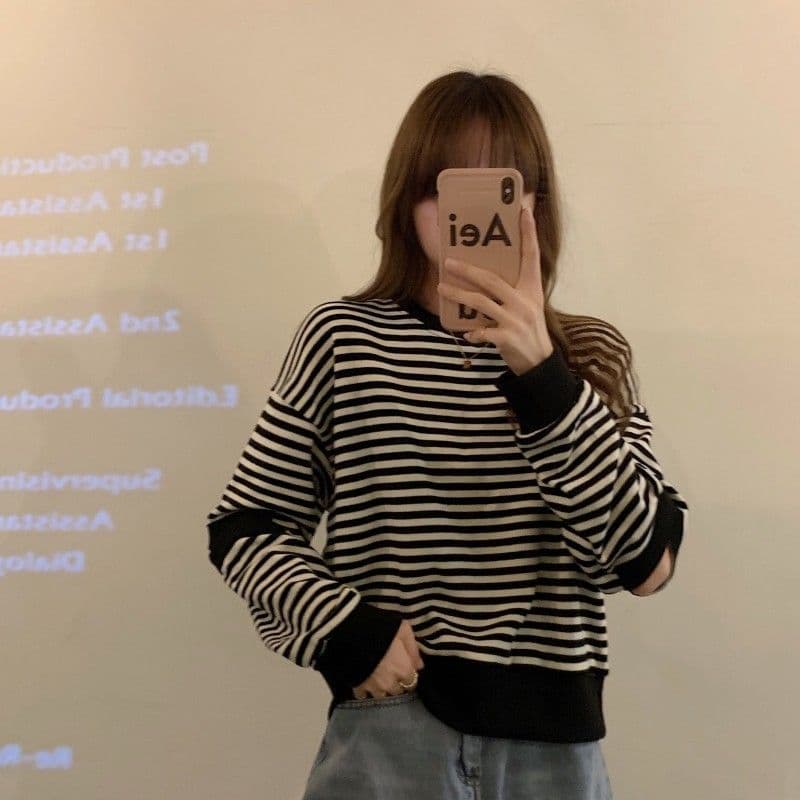 물고기 규모 스트라이프 긴팔 얇은 스타일 후드티 여성 의류 가을 디자인 센스 패션 맨위 한국 대외 무역 한 싱글 국경 간 상세 이미지 19