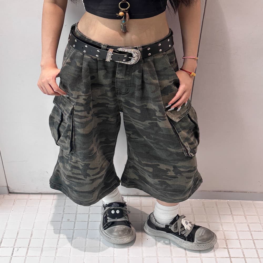 아메리칸 레트로 청바지 여성 루즈핏 국가 트렌디 오리지널 모통이 칼 종류 카모플라주 워크웨어 7 점 반바지 스트레이트 넓은 다리 트렌디