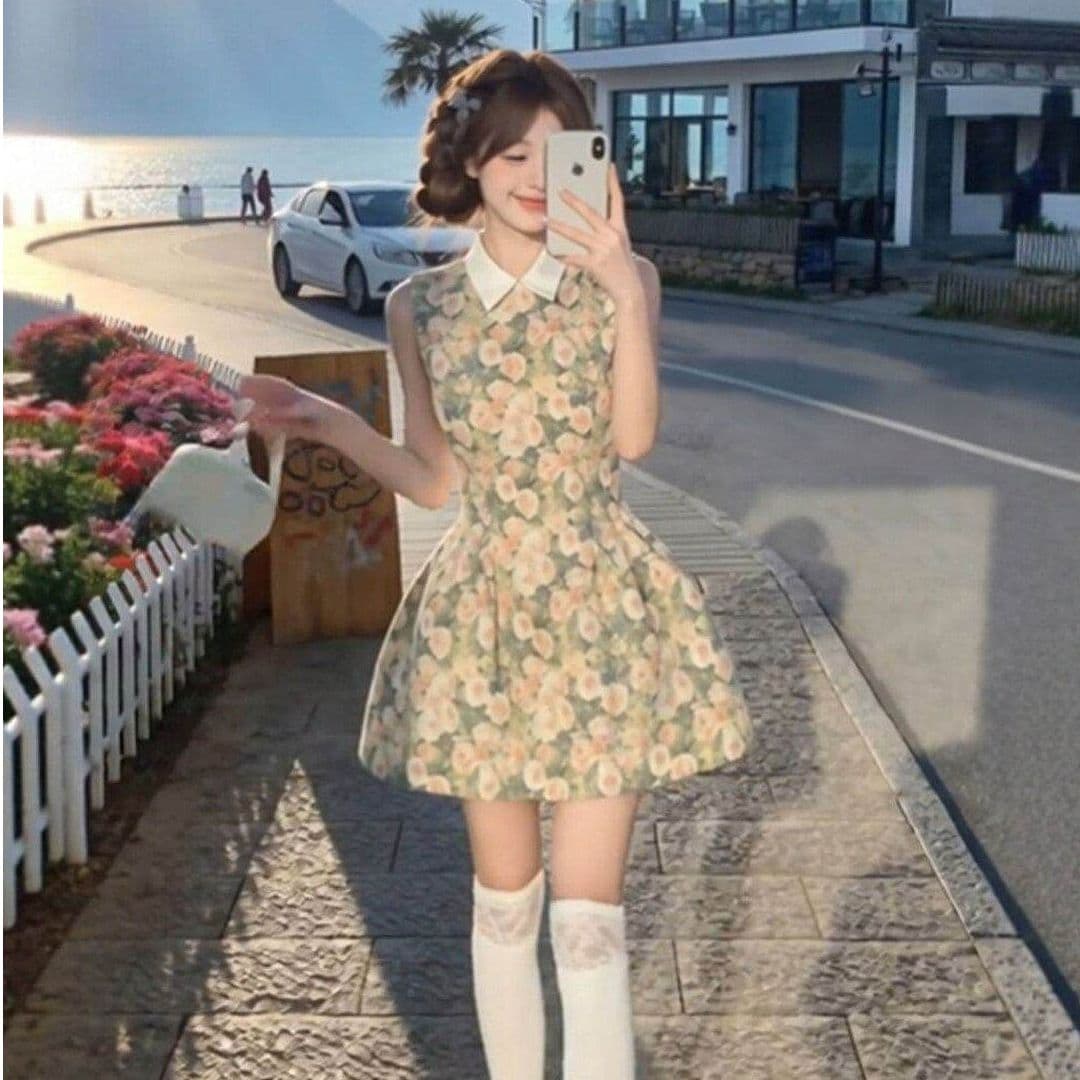 프랑스식 레트로 천 금빛 바람 꽃무늬 민소매 여성 드레스 여름 새로운 품격 POLO 칼라 허리 수축 슬림해 보이는 미니 스커트 이미지 5