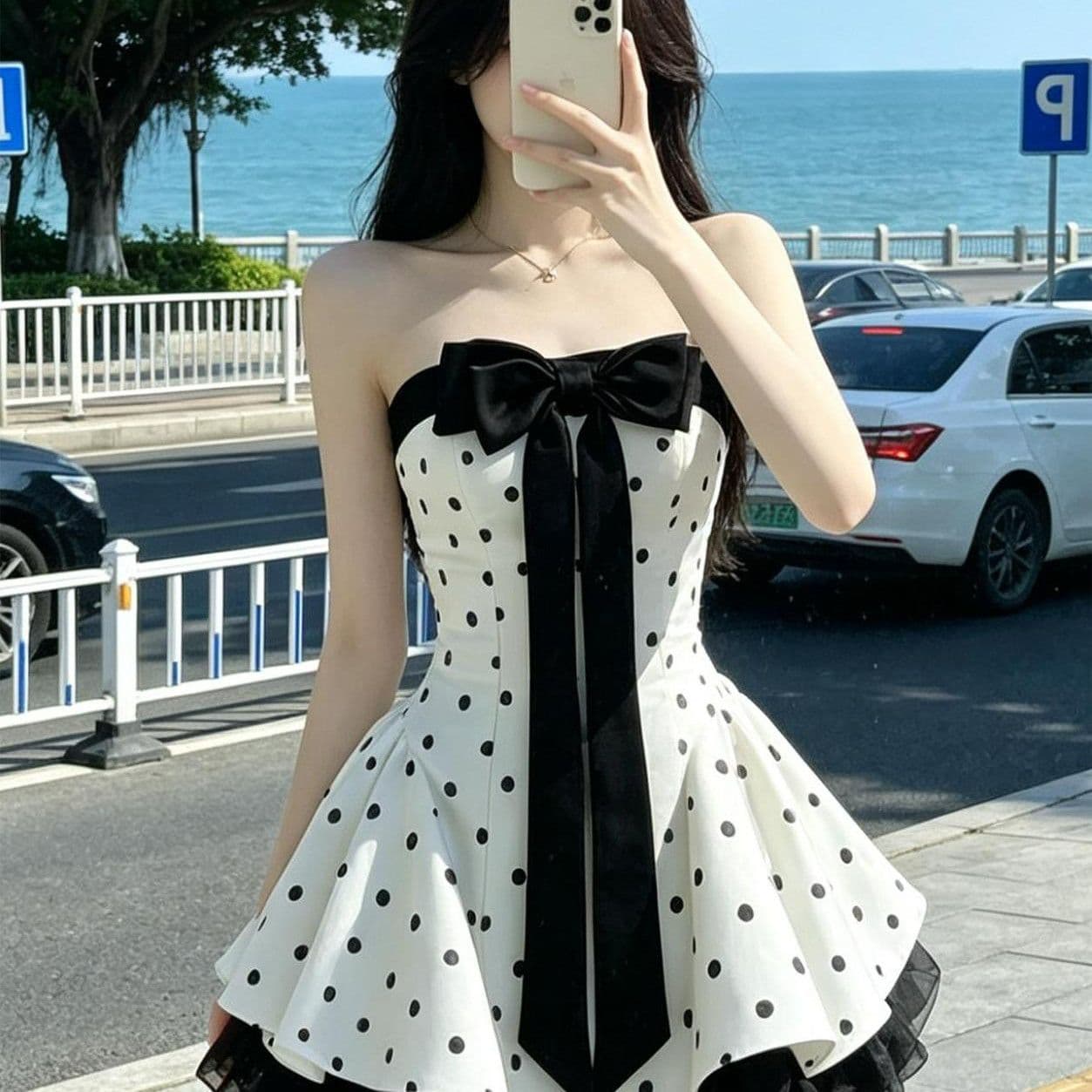 프랑스식 달콤함 품격 도트 무늬 튜브탑 여성 드레스 여름 새로운 나비 매듭 패치워크 허리 수축 슬림해 보이는 퍼프 스커트 이미지 3