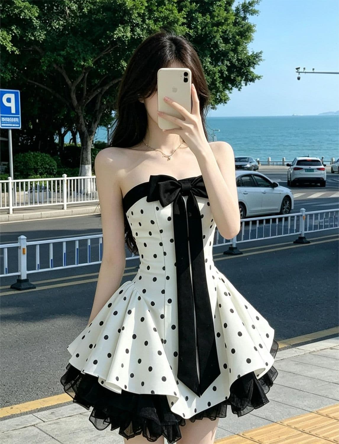 프랑스식 달콤함 품격 도트 무늬 튜브탑 여성 드레스 여름 새로운 나비 매듭 패치워크 허리 수축 슬림해 보이는 퍼프 스커트 상세 이미지 2