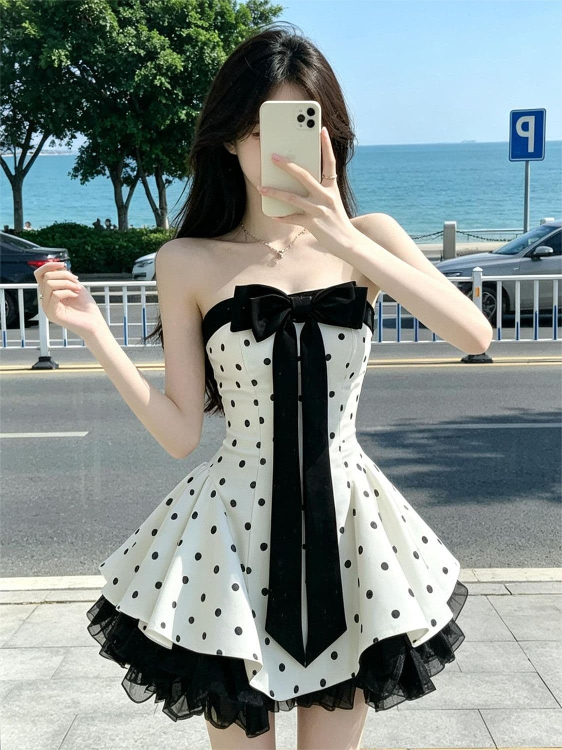 프랑스식 달콤함 품격 도트 무늬 튜브탑 여성 드레스 여름 새로운 나비 매듭 패치워크 허리 수축 슬림해 보이는 퍼프 스커트 상세 이미지 4