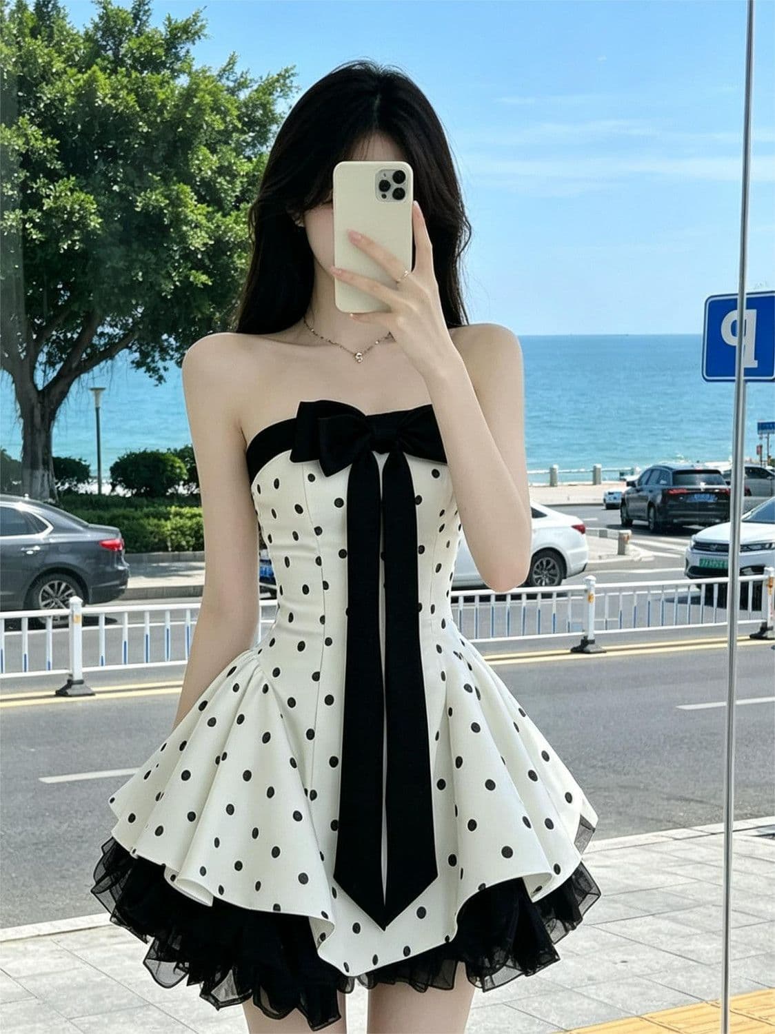 프랑스식 달콤함 품격 도트 무늬 튜브탑 여성 드레스 여름 새로운 나비 매듭 패치워크 허리 수축 슬림해 보이는 퍼프 스커트 상세 이미지 5