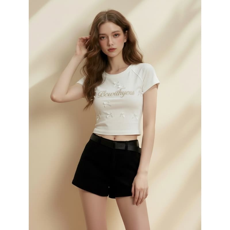 원본 주간 고양이 품질 화이트 긍정적 인 어깨 반팔 티셔츠 여성 여름 달콤함 나비 매듭 라운드 넥 맨위 한국 대외 무역 이미지 2
