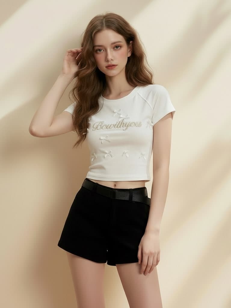 원본 주간 고양이 품질 화이트 긍정적 인 어깨 반팔 티셔츠 여성 여름 달콤함 나비 매듭 라운드 넥 맨위 한국 대외 무역 상세 이미지 3
