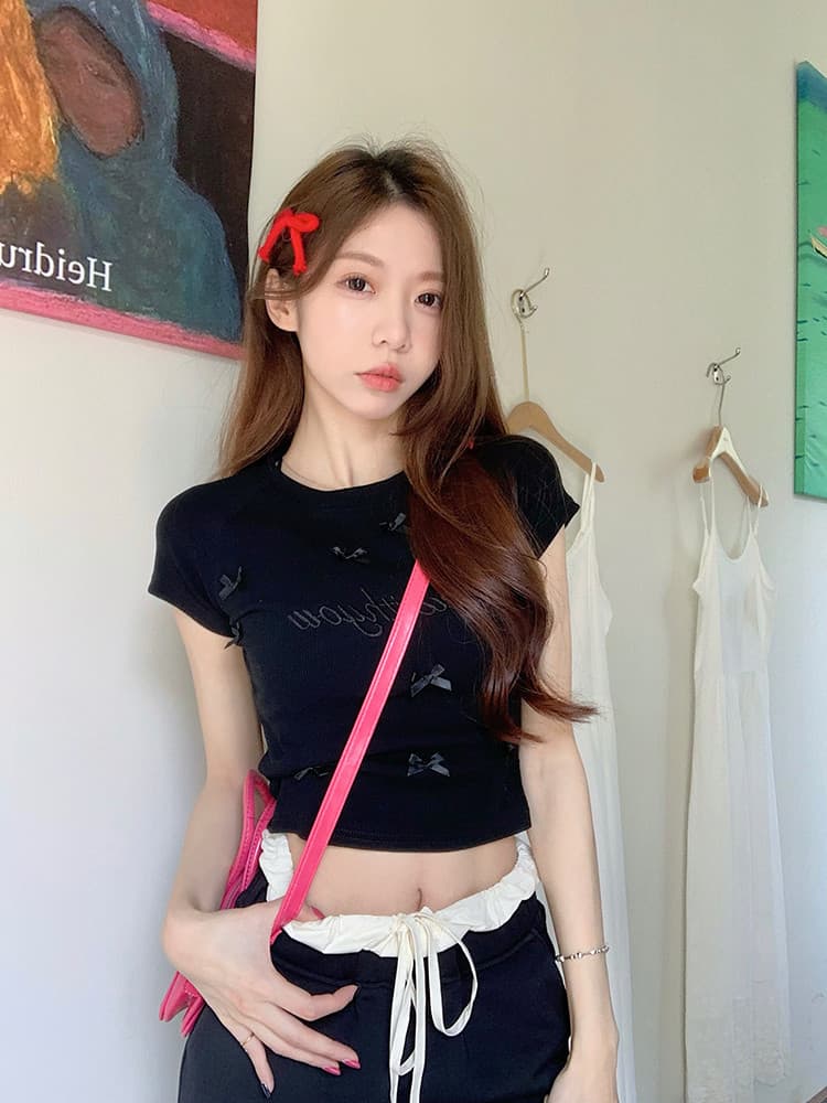 원본 주간 고양이 품질 화이트 긍정적 인 어깨 반팔 티셔츠 여성 여름 달콤함 나비 매듭 라운드 넥 맨위 한국 대외 무역 상세 이미지 7