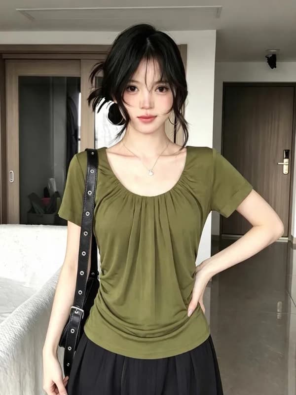 원본 원단 것 한 부서 주름 u 칼라 반팔 티셔츠 수신 Pleat 핫걸 몸매 가꾸기 디스플레이 얇고 작은 맨위 한국 대외 무역 상세 이미지 6