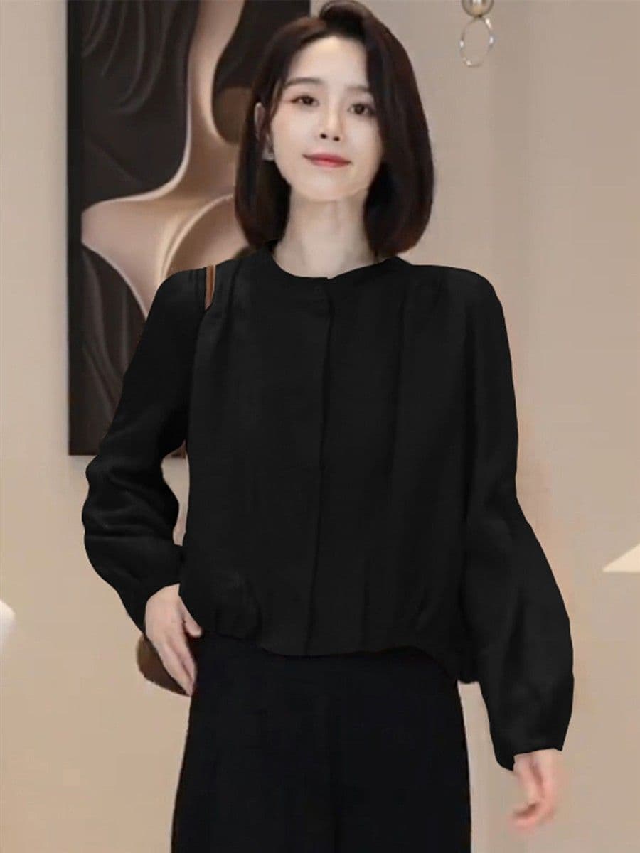 프랑스식 레트로 고급 센스 라운드 넥 긴팔 단색 여성 셔츠 가을 새로운 Chic 고유 한 아름다운 쇼트 스타일 맨위 상세 이미지 14