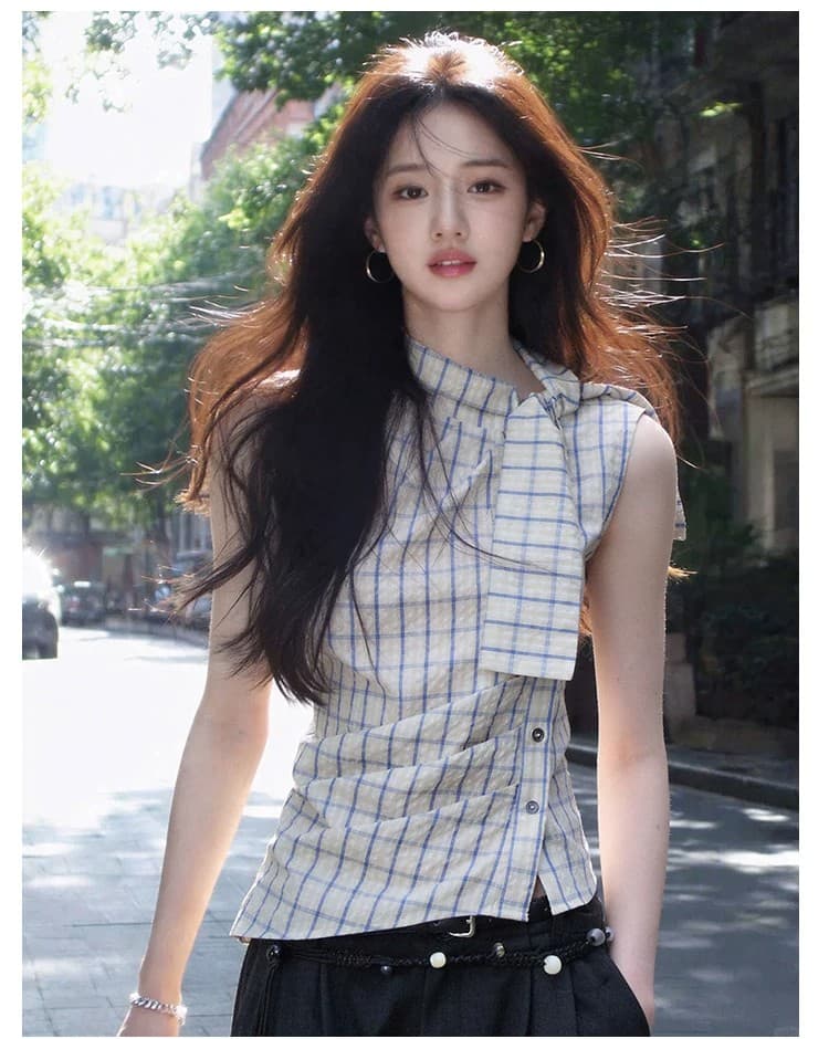 2026 여름 새로운 체크무늬 터틀넥 레이스업 허리 수축 셔츠 맨위 여성 디자인 센스 몸매 가꾸기 슬림해 보이는 품격 다용도 상세 이미지 4