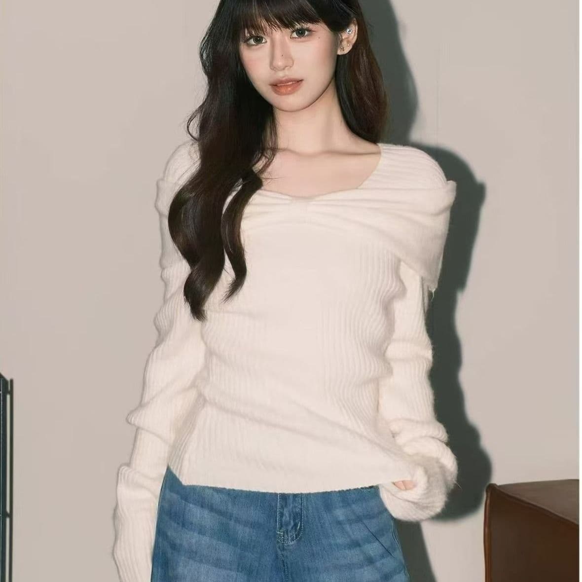 프랑스식 부드러운 쌀 화이트 부드러운 찹쌀 스웨터 니트 스웨터 여성 순수한 욕망 ins 나비 매듭 오프숄더 맨위 한국 대외 무역