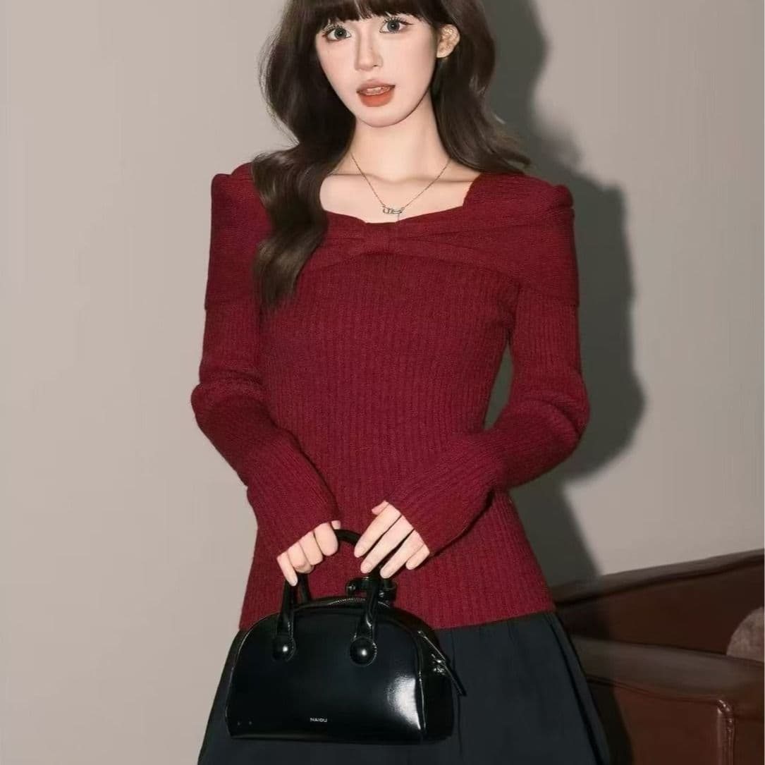 프랑스식 부드러운 쌀 화이트 부드러운 찹쌀 스웨터 니트 스웨터 여성 순수한 욕망 ins 나비 매듭 오프숄더 맨위 한국 대외 무역 이미지 3