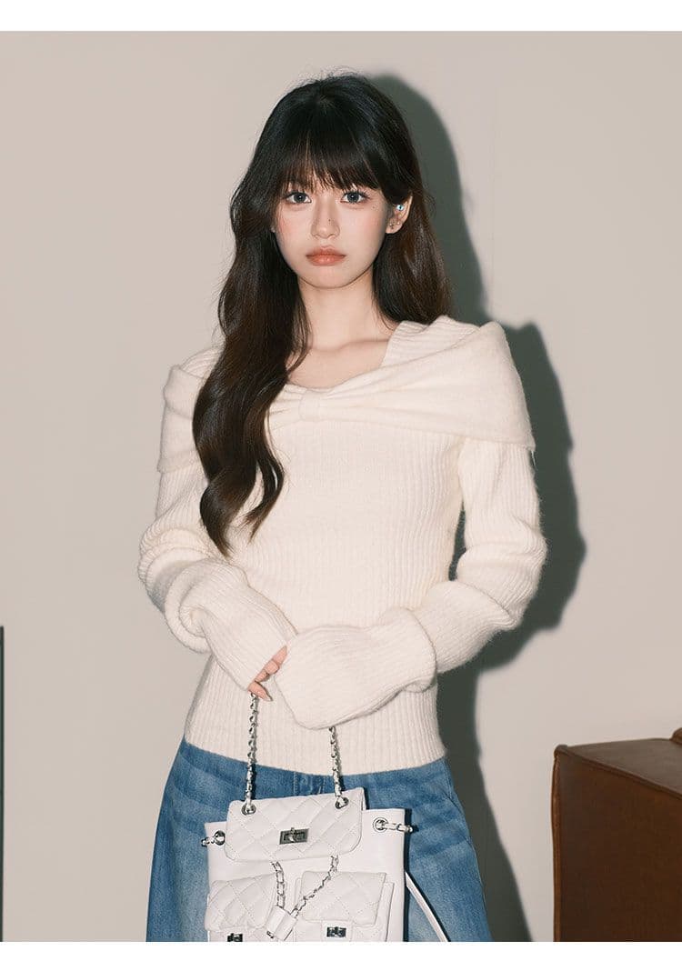 프랑스식 부드러운 쌀 화이트 부드러운 찹쌀 스웨터 니트 스웨터 여성 순수한 욕망 ins 나비 매듭 오프숄더 맨위 한국 대외 무역 상세 이미지 1
