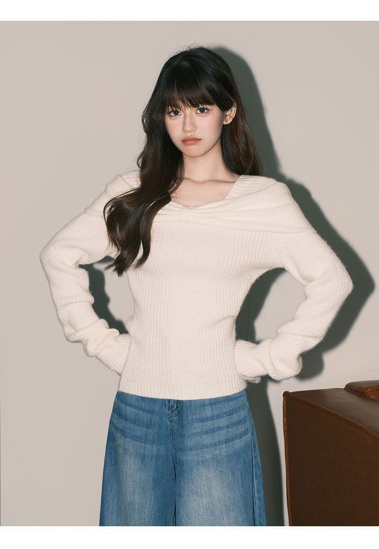 프랑스식 부드러운 쌀 화이트 부드러운 찹쌀 스웨터 니트 스웨터 여성 순수한 욕망 ins 나비 매듭 오프숄더 맨위 한국 대외 무역 상세 이미지 3