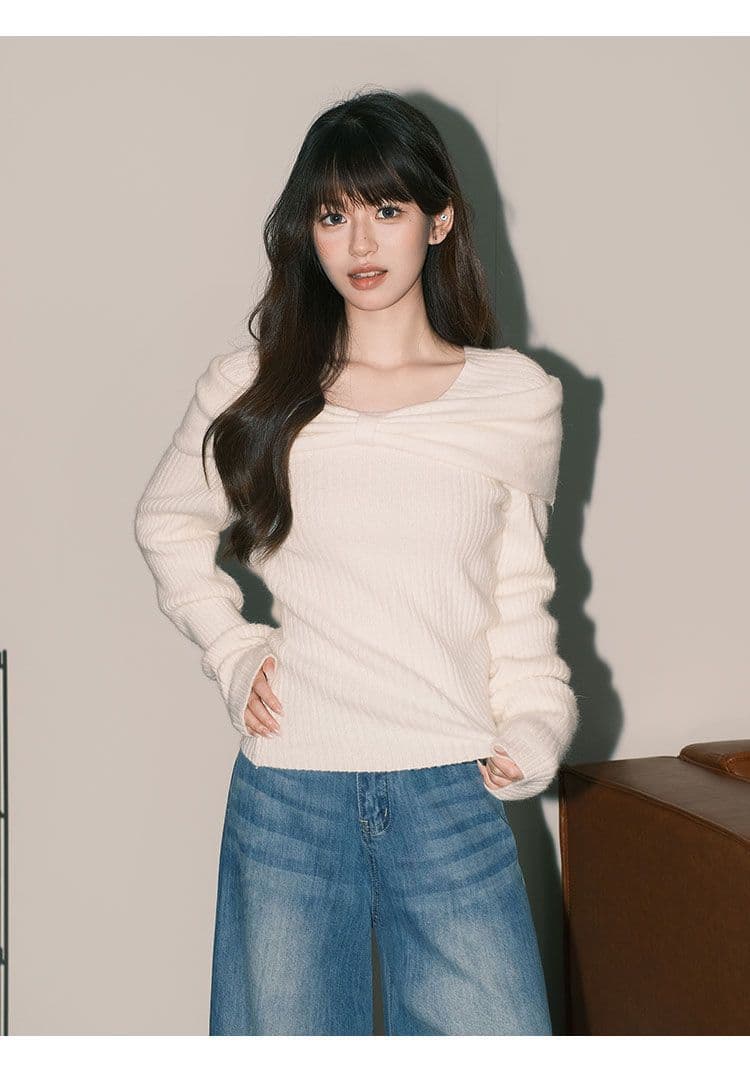 프랑스식 부드러운 쌀 화이트 부드러운 찹쌀 스웨터 니트 스웨터 여성 순수한 욕망 ins 나비 매듭 오프숄더 맨위 한국 대외 무역 상세 이미지 5