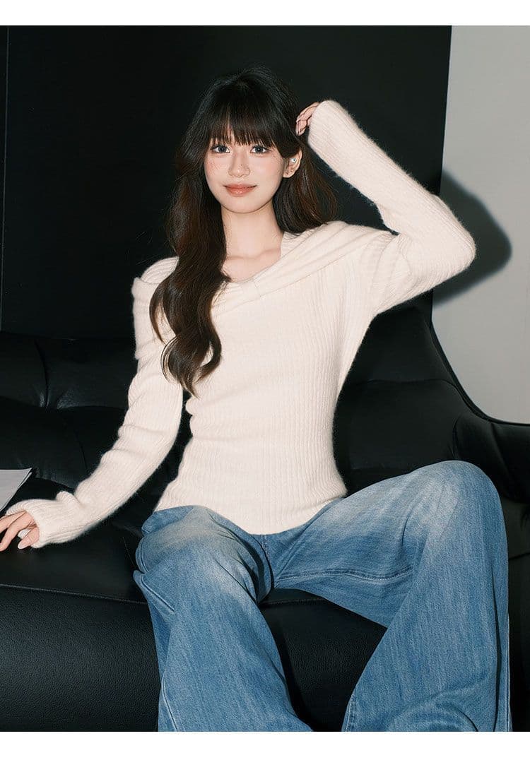 프랑스식 부드러운 쌀 화이트 부드러운 찹쌀 스웨터 니트 스웨터 여성 순수한 욕망 ins 나비 매듭 오프숄더 맨위 한국 대외 무역 상세 이미지 10