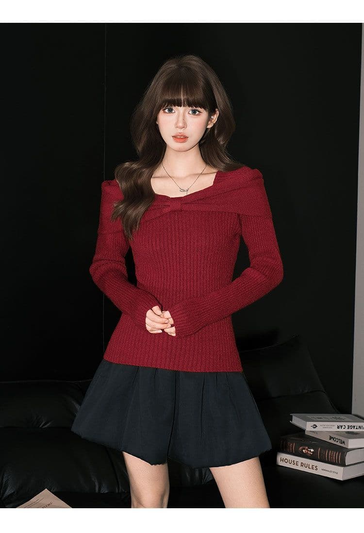 프랑스식 부드러운 쌀 화이트 부드러운 찹쌀 스웨터 니트 스웨터 여성 순수한 욕망 ins 나비 매듭 오프숄더 맨위 한국 대외 무역 상세 이미지 15