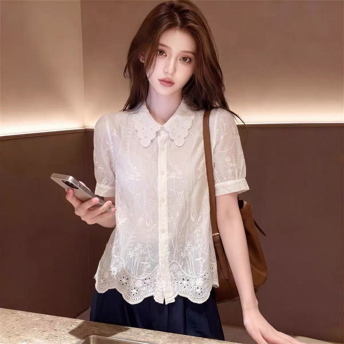 홀로우 아웃 자수 레이스 POLO 칼라 반팔 여성 셔츠 여름 한 부서 달콤함 고급 센스 빛 럭셔리 연령 감소 외국 가스 셔츠 이미지 5
