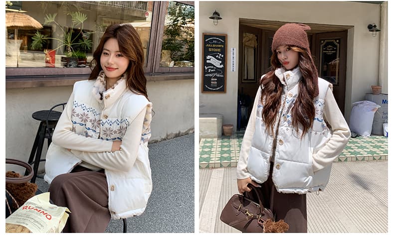 공정한 섬 양면 착용 양털 조끼 여자 외출용 겨울 두꺼운 보온 조끼 플리스 스탠드 칼라 면 의류 재킷 상세 이미지 17