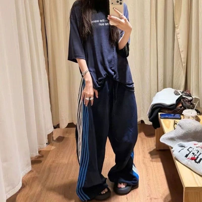 슈퍼 비밀 탑 실크 길다 레트로 느긋한 바람 배색 기타 리본 루즈핏 운동 캐주얼 바지 트렌디 한국 대외 무역 국경 간 상세 이미지 3