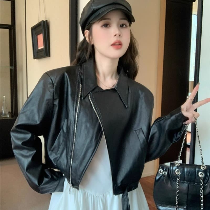 높음 거리 아메리칸 레트로 pu 가죽 재킷 여성 코트 이른 가을 2026 새로운 쇼트 스타일 재킷 슬림해 보이는 표지 고기 맨위 이미지 5