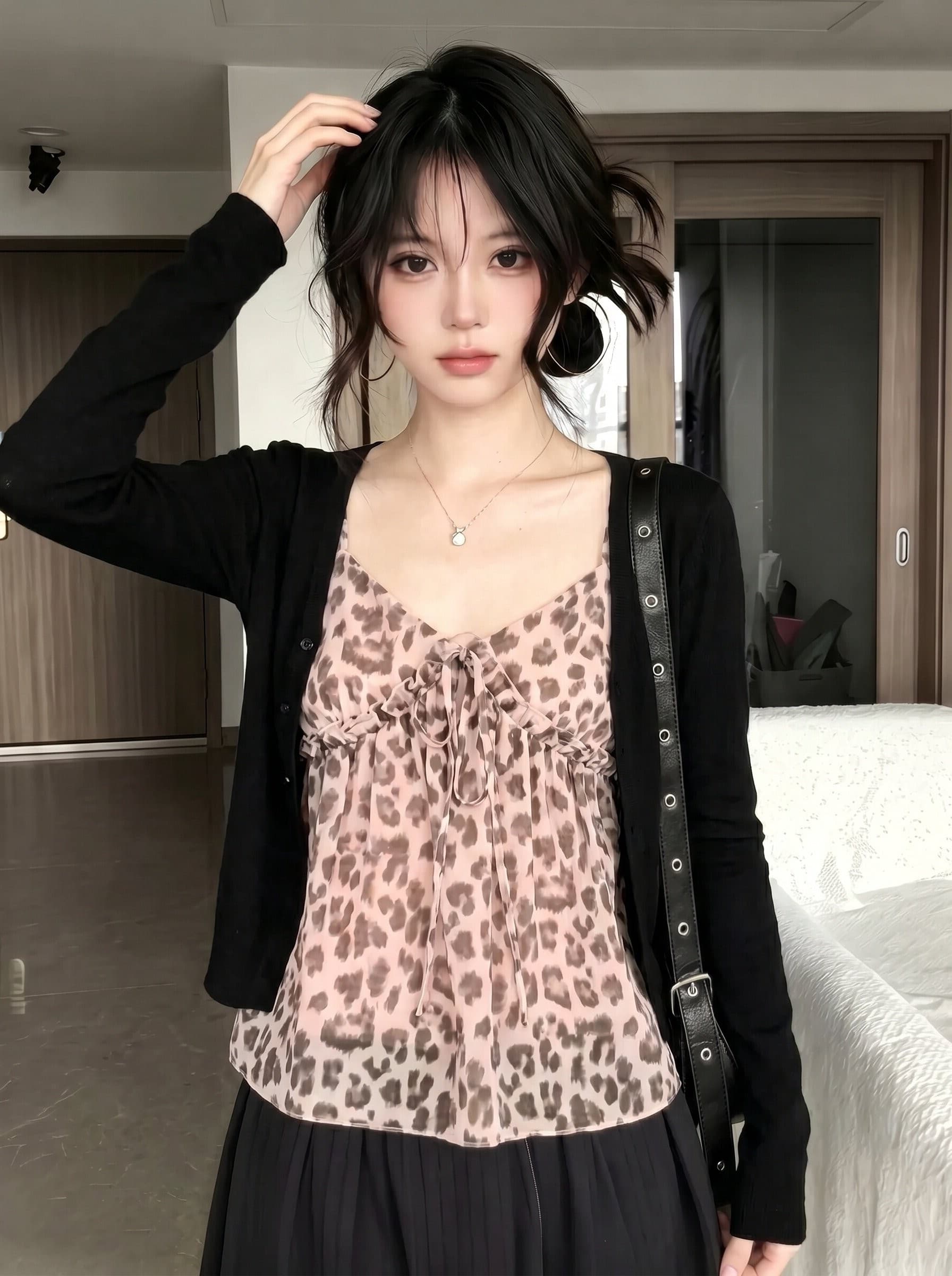 순수한 욕망 바람 플리츠 레이스업 레오파드 무늬 캐미솔 여름 캐주얼 다용도 몸매 가꾸기 슬림해 보이는 쇼트 스타일 오픈 가디건 투피스 세트 상세 이미지 4