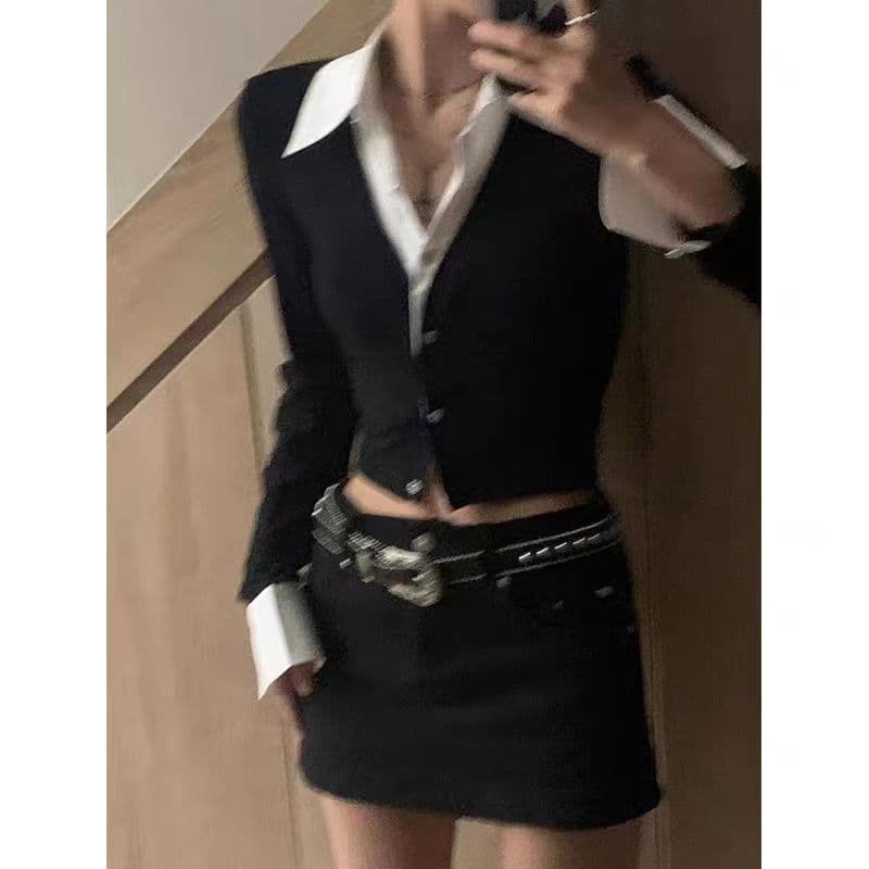 페이크 레이어드 POLO 칼라 여성 셔츠 봄 가을 겨울 디자인 센스 Chic 몸매 가꾸기 슬림해 보이는 맨위 한국 대외 무역 국경 간 이미지 3