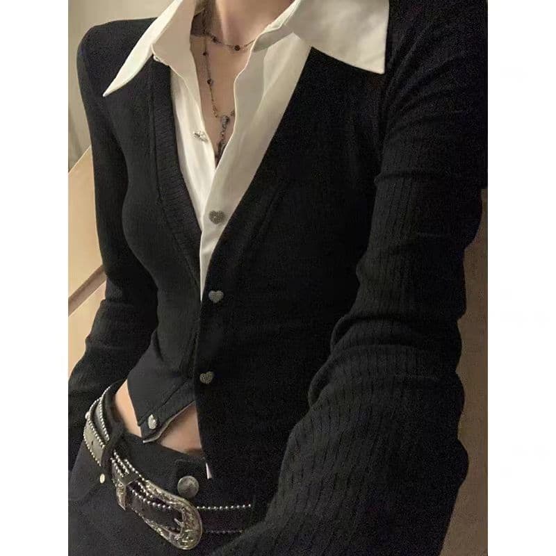 페이크 레이어드 POLO 칼라 여성 셔츠 봄 가을 겨울 디자인 센스 Chic 몸매 가꾸기 슬림해 보이는 맨위 한국 대외 무역 국경 간 상세 이미지 2