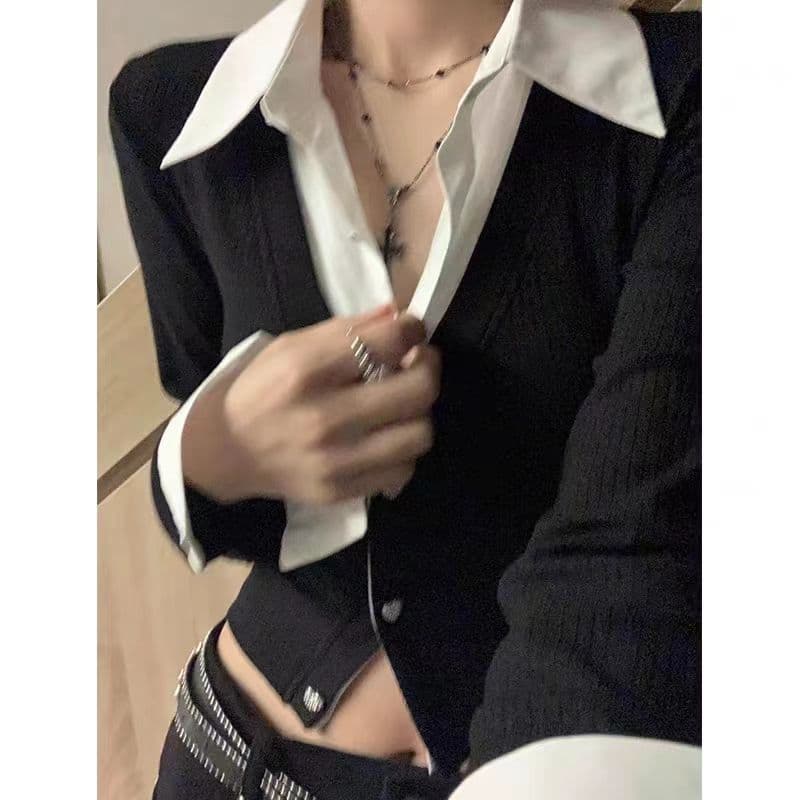 페이크 레이어드 POLO 칼라 여성 셔츠 봄 가을 겨울 디자인 센스 Chic 몸매 가꾸기 슬림해 보이는 맨위 한국 대외 무역 국경 간 상세 이미지 3