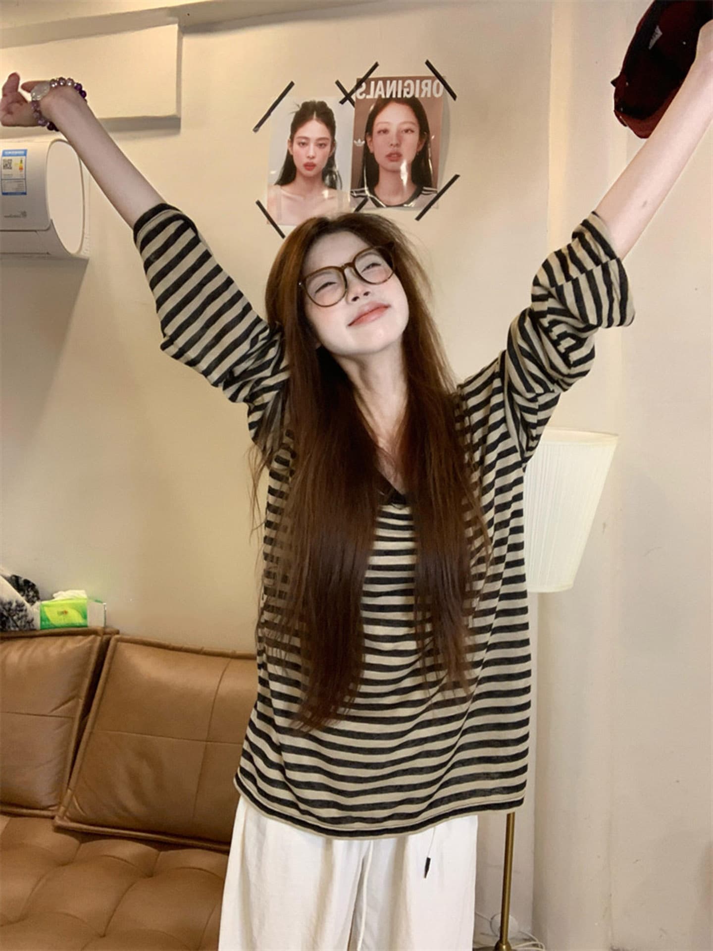 아메리칸 레트로 핫걸 스트라이프 긴팔 티셔츠 여성 여름 디자인 센스 슬림해 보이는 연령 감소 느긋한 바람 다용도 맨위 트렌디 상세 이미지 4