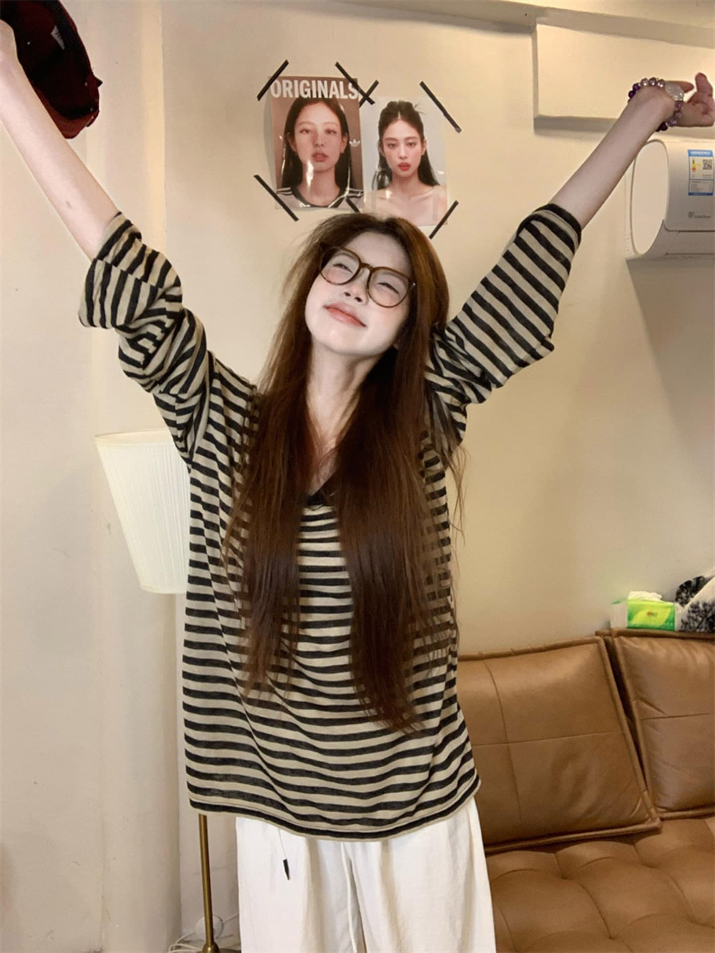 아메리칸 레트로 핫걸 스트라이프 긴팔 티셔츠 여성 여름 디자인 센스 슬림해 보이는 연령 감소 느긋한 바람 다용도 맨위 트렌디 상세 이미지 6
