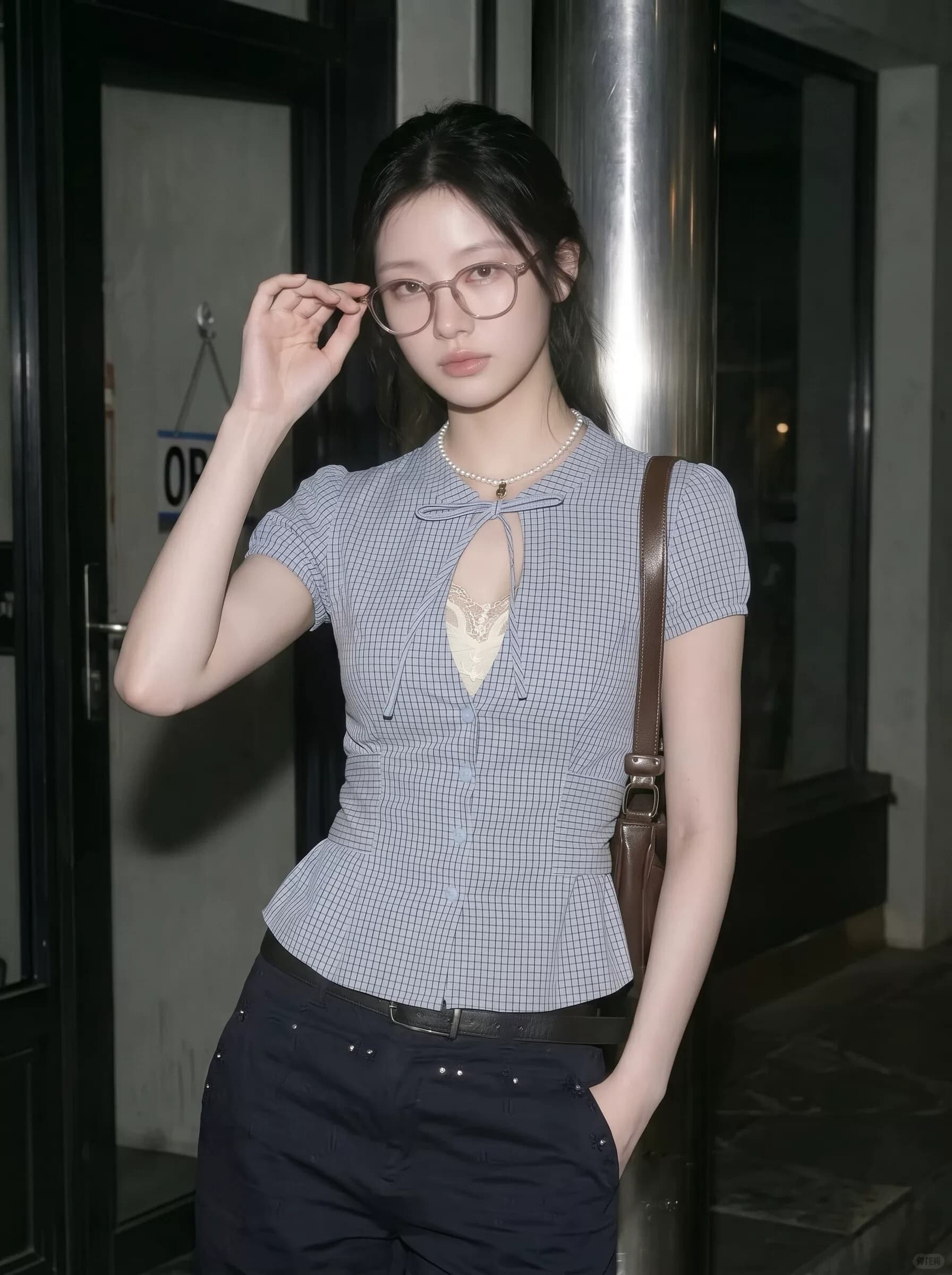 한 부서 홀로우 아웃 레이스업 허리 수축 반팔 체크무늬 여성 셔츠 여름 통통한 여동생 디자인 센스 나비 매듭 슬림해 보이는 맨위 상세 이미지 9