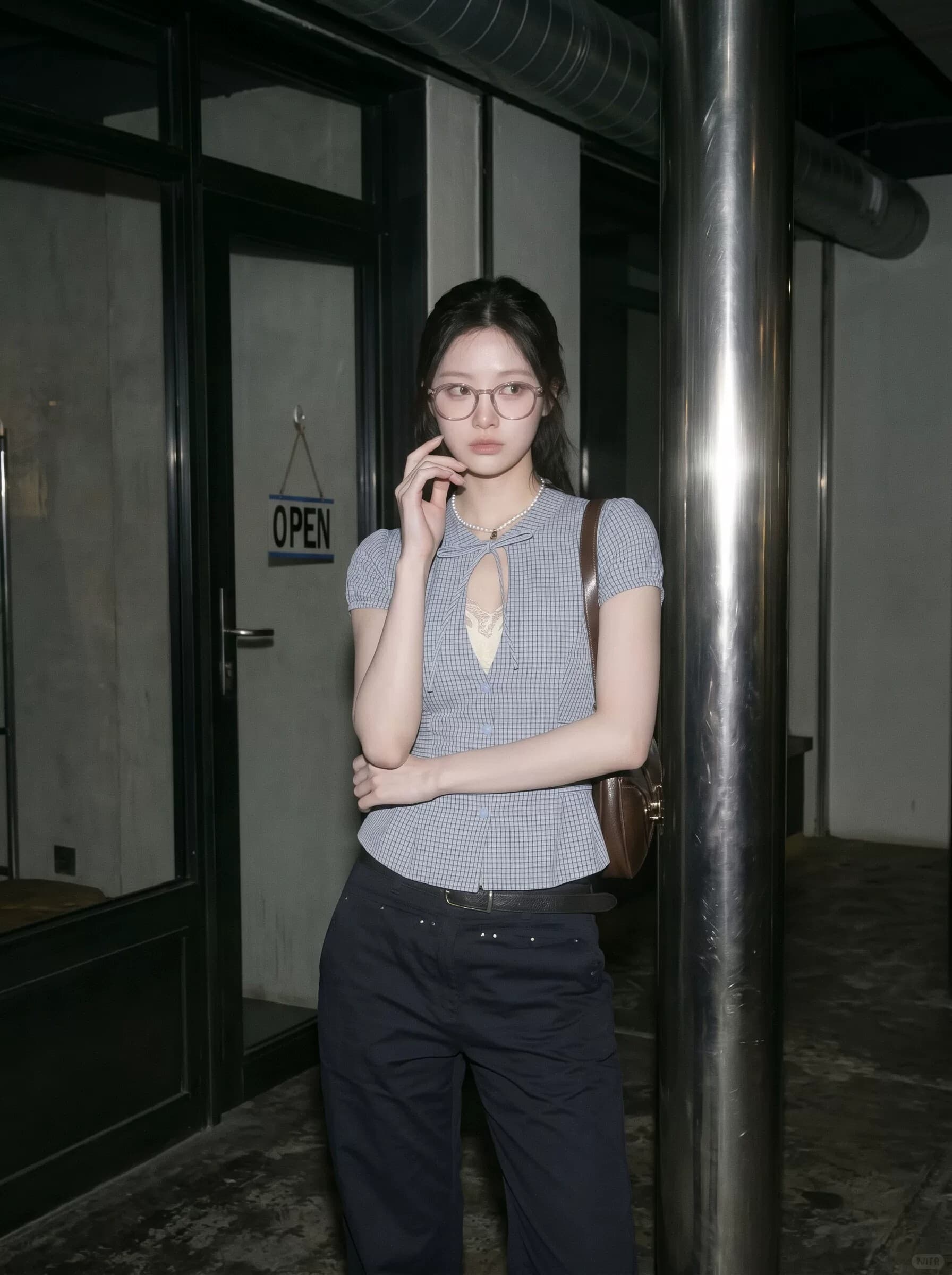 한 부서 홀로우 아웃 레이스업 허리 수축 반팔 체크무늬 여성 셔츠 여름 통통한 여동생 디자인 센스 나비 매듭 슬림해 보이는 맨위 상세 이미지 10