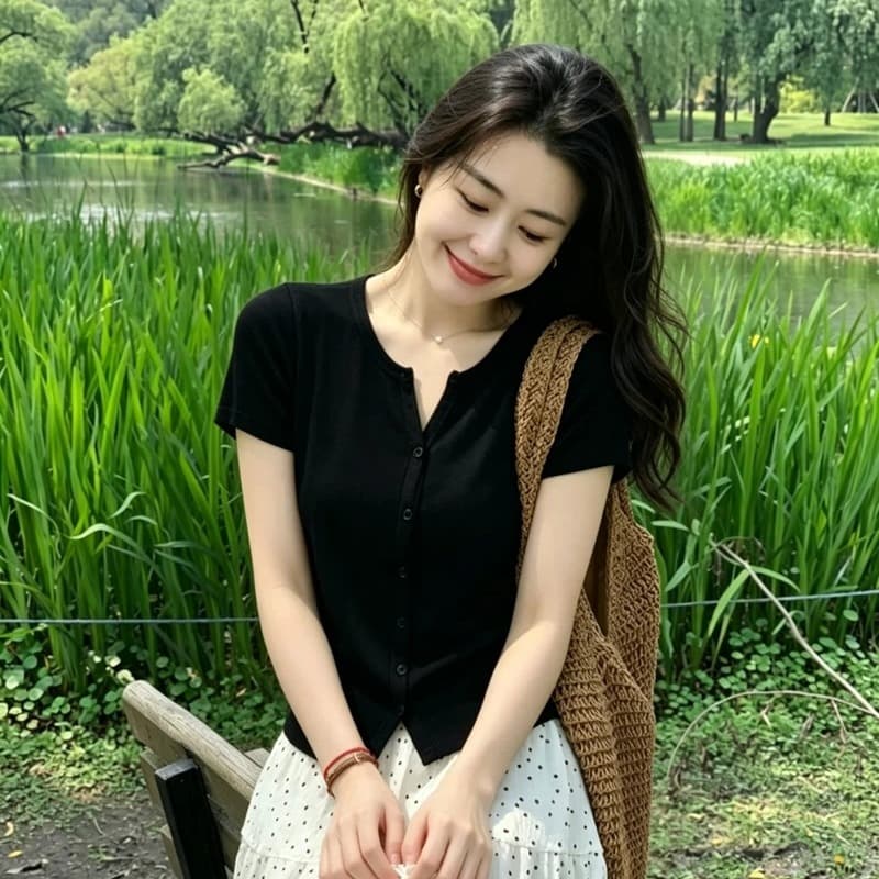 털 짠 셔츠 프랑스식 검정색 얼음 실크 반팔 니트 오픈 가디건 여성 여름 품격 몸매 가꾸기 고유 한 아름다운 쇼트 스타일 맨위 이미지 2