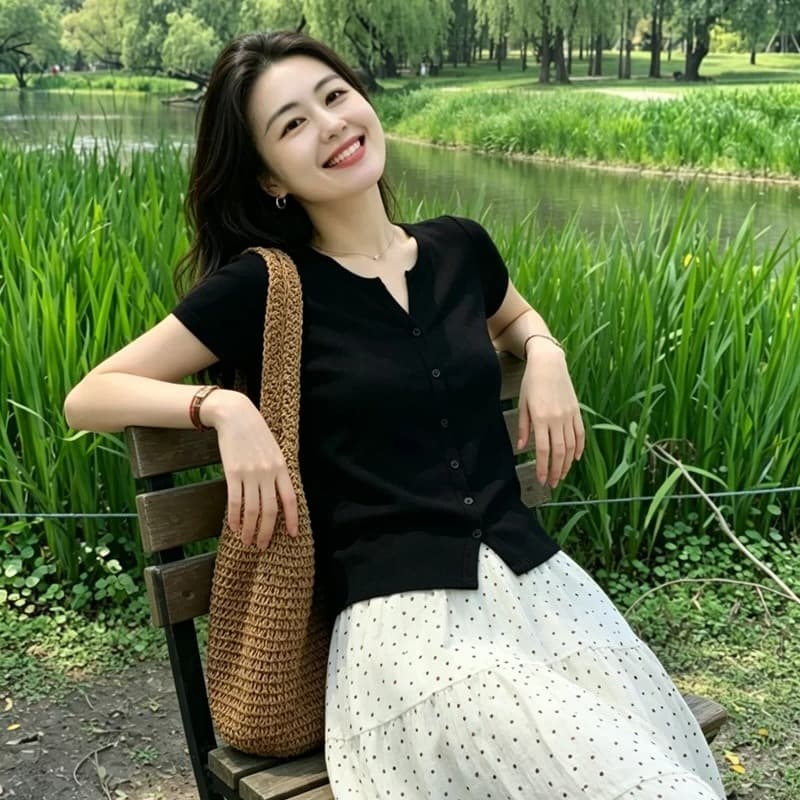털 짠 셔츠 프랑스식 검정색 얼음 실크 반팔 니트 오픈 가디건 여성 여름 품격 몸매 가꾸기 고유 한 아름다운 쇼트 스타일 맨위 이미지 3
