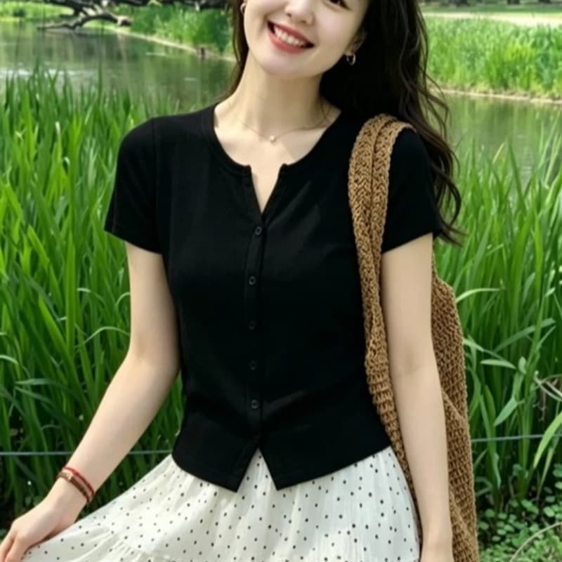 털 짠 셔츠 프랑스식 검정색 얼음 실크 반팔 니트 오픈 가디건 여성 여름 품격 몸매 가꾸기 고유 한 아름다운 쇼트 스타일 맨위 이미지 5