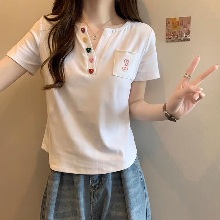 40 1 1 리브 면 260 그램 빅 사이즈 지방 mm 곡선 밑단 단추 반팔 티셔츠 로드 중 대외 무역 한국 국경 간 상세 이미지 3