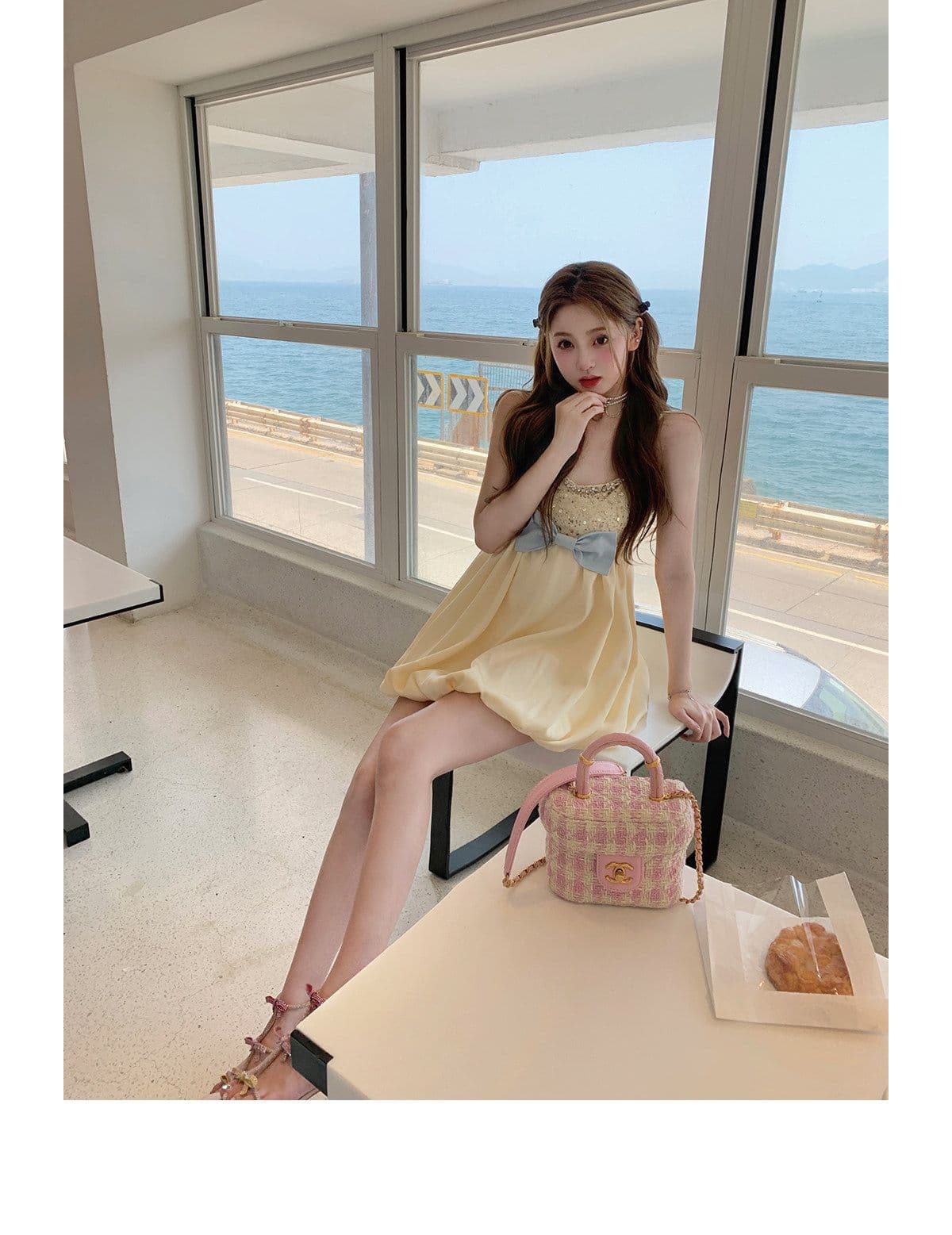 부유 한 가족 천 골드 무거운 작업 나비 매듭 품격 귀여운 슬립 여성 드레스 여름 슬림해 보이는 작은 키 꽃밭 치마 상세 이미지 3