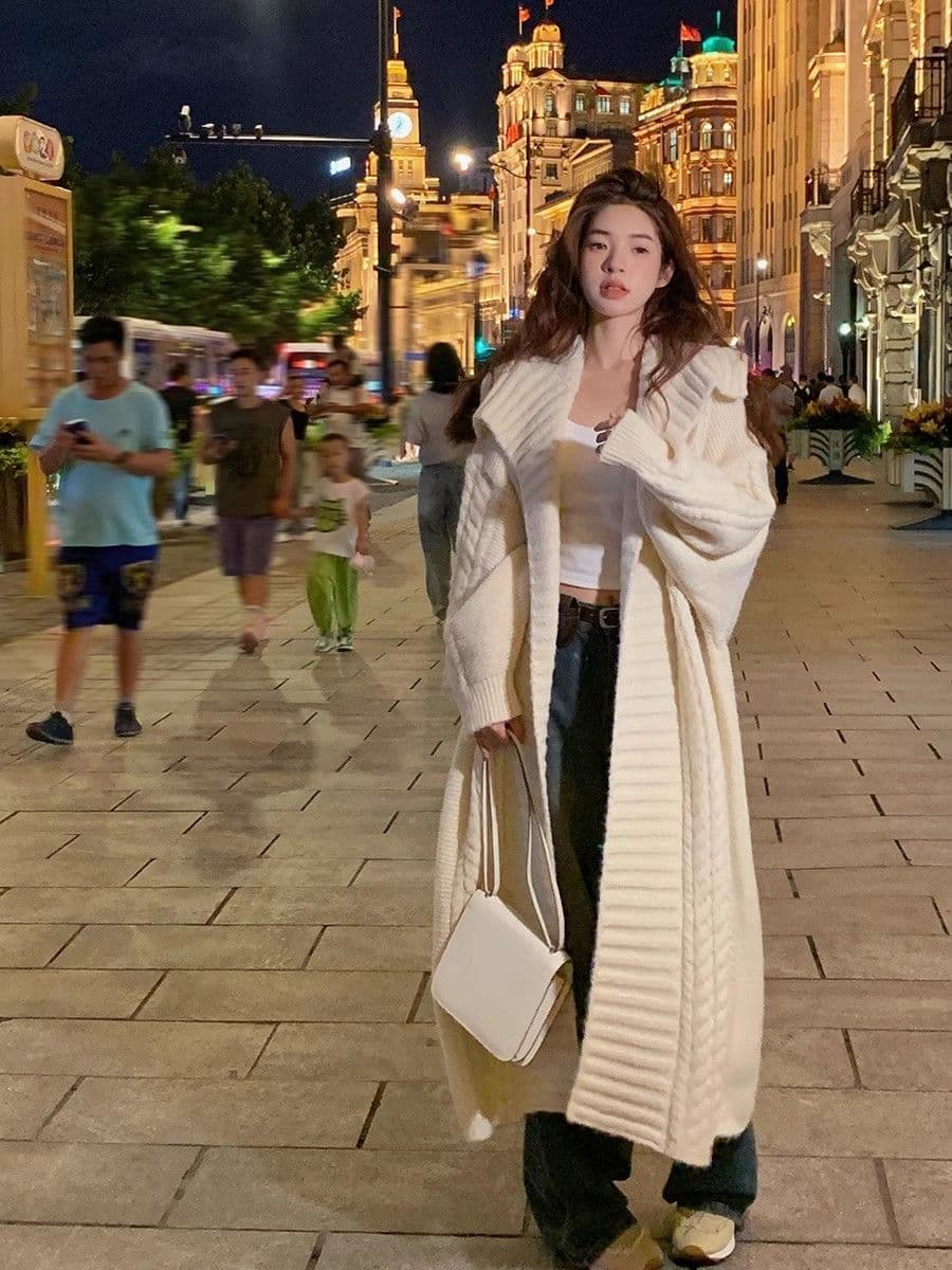 가을 겨울철 분위기 센스 니트 오픈 가디건 스웨터 여성 코트 중간 길이 꽈배기 무거운 작업 빅 칼라 느긋한 고급 센스