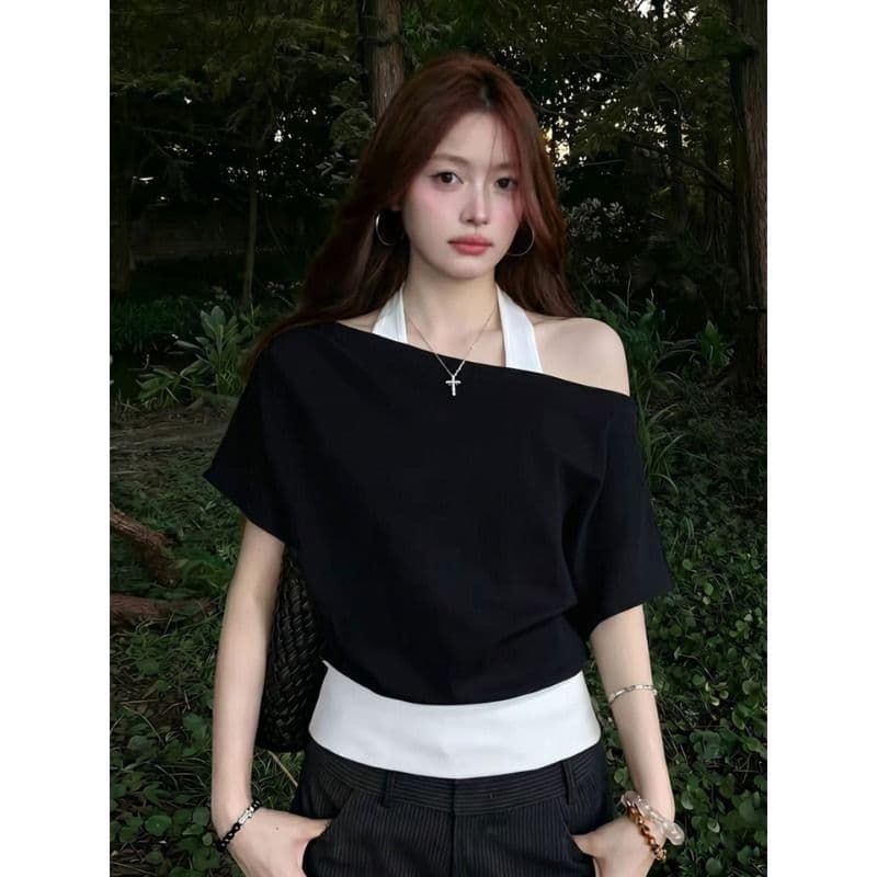 40 좋은 면 항구 바람 흑인과 백인 색상 패치워크 페이크 레이어드 행침 목 반팔 티셔츠 여성 여름 슬림해 보이는 맨위 이미지 3
