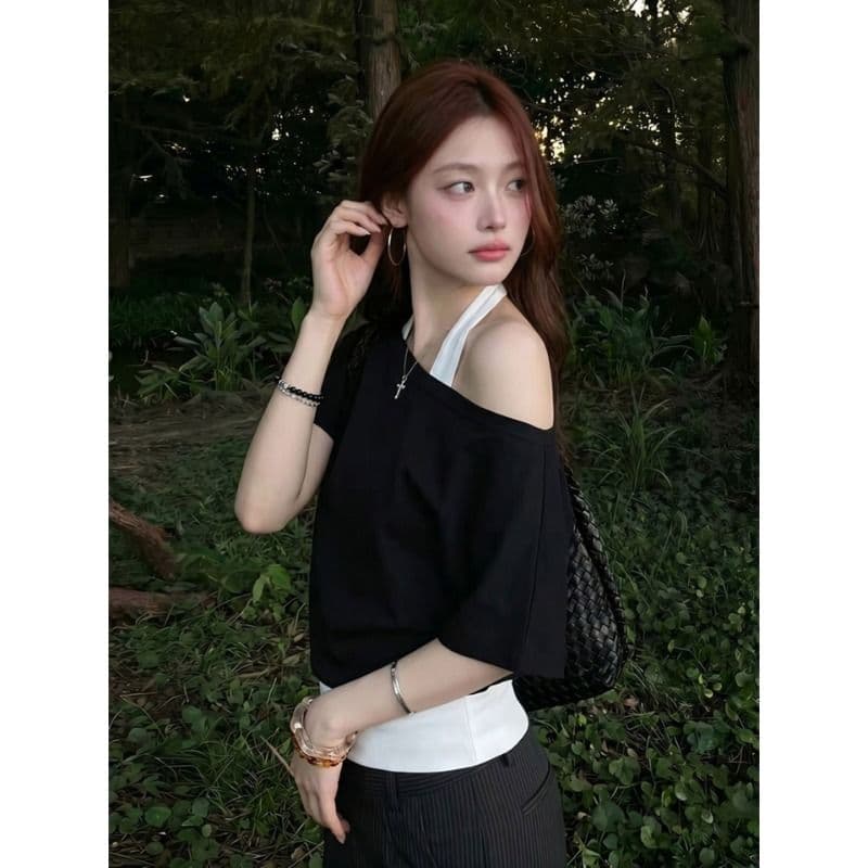 40 좋은 면 항구 바람 흑인과 백인 색상 패치워크 페이크 레이어드 행침 목 반팔 티셔츠 여성 여름 슬림해 보이는 맨위 이미지 5