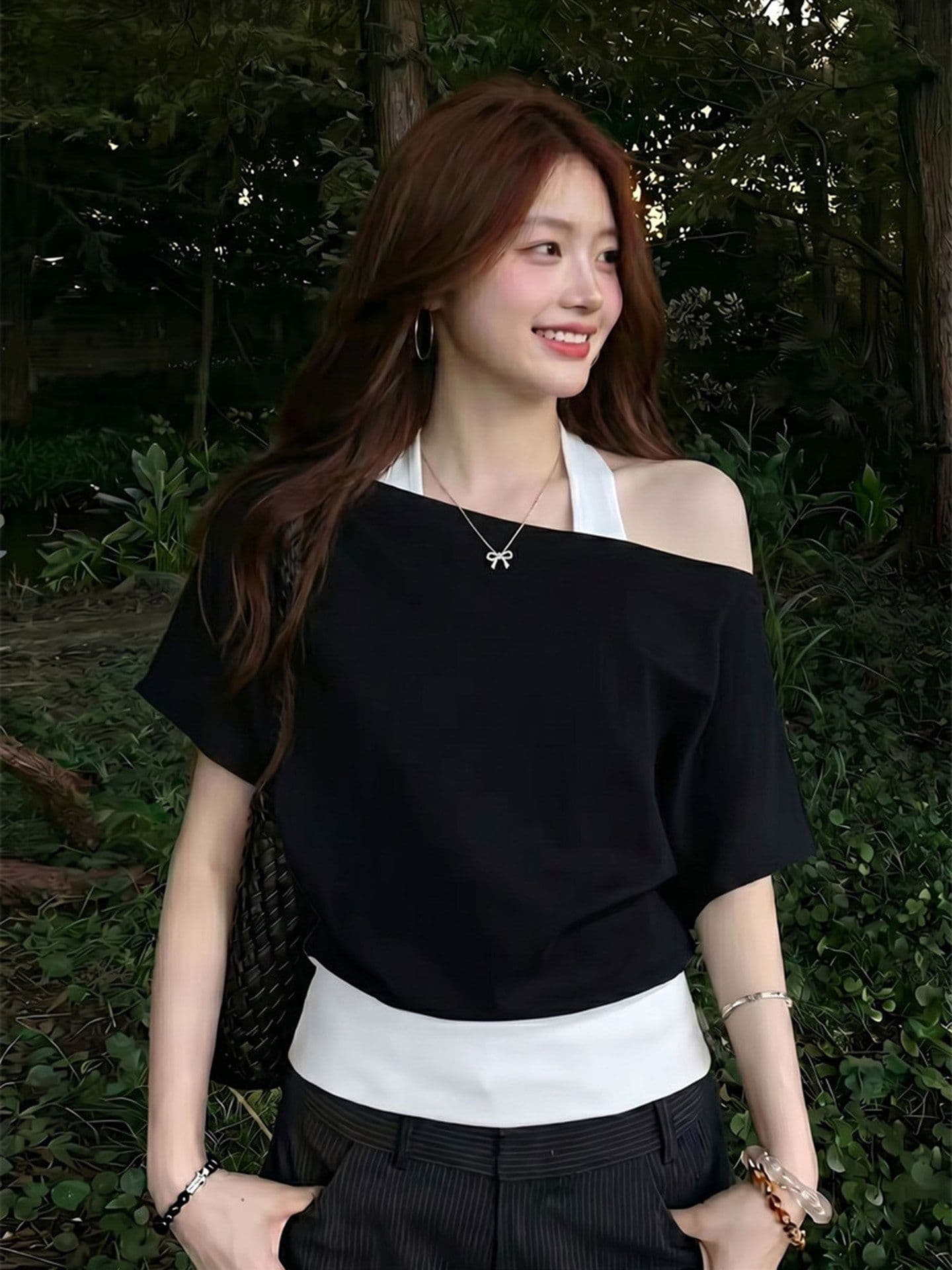 40 좋은 면 항구 바람 흑인과 백인 색상 패치워크 페이크 레이어드 행침 목 반팔 티셔츠 여성 여름 슬림해 보이는 맨위 상세 이미지 4