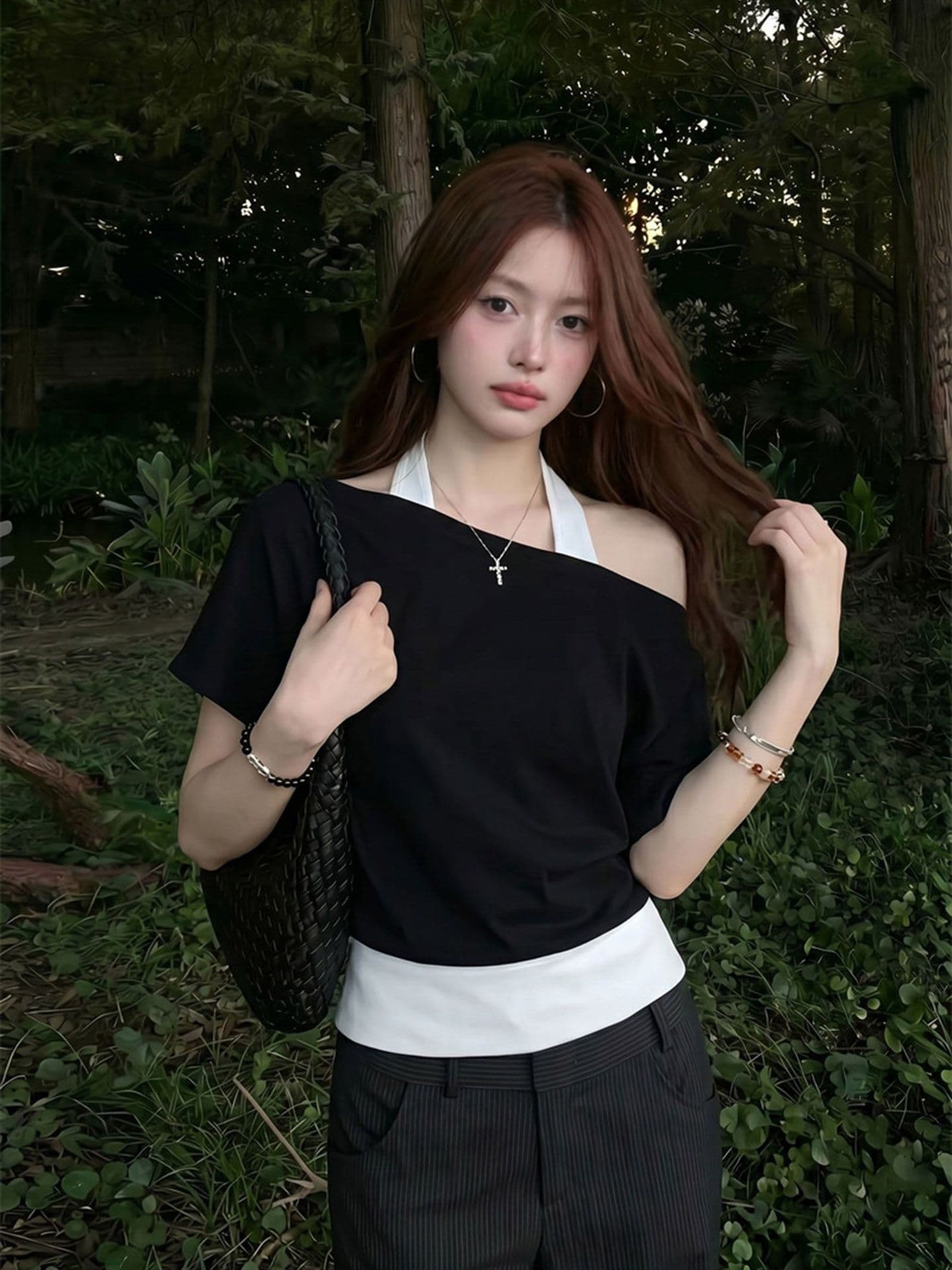40 좋은 면 항구 바람 흑인과 백인 색상 패치워크 페이크 레이어드 행침 목 반팔 티셔츠 여성 여름 슬림해 보이는 맨위 상세 이미지 5