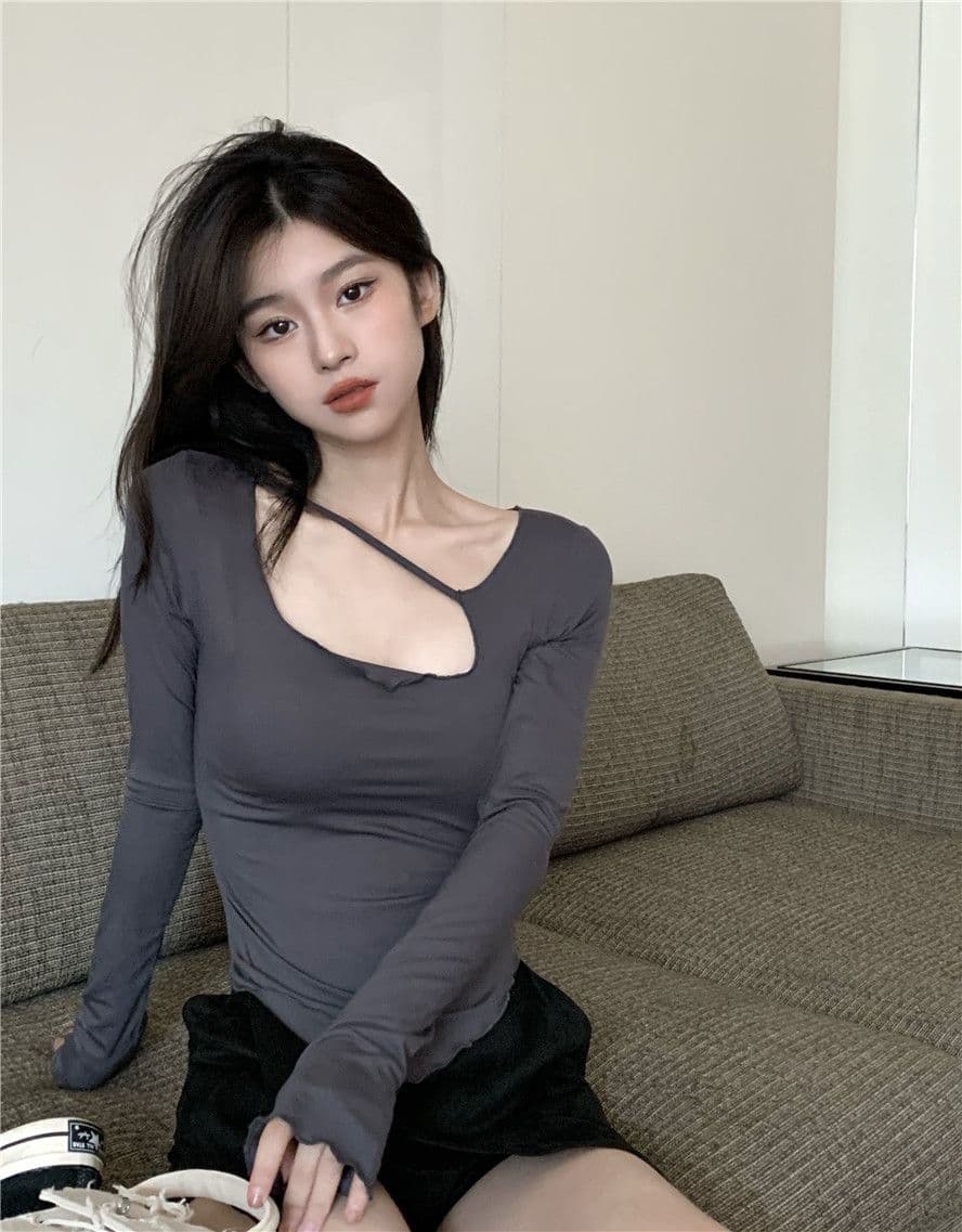 티셔츠 여성 불규칙 몸매 가꾸기 긴팔 인사이드 가져 가라. 기본 셔츠 가을 새로운 디자인 센스 맨위 한국 대외 무역 국경 간 이미지 3