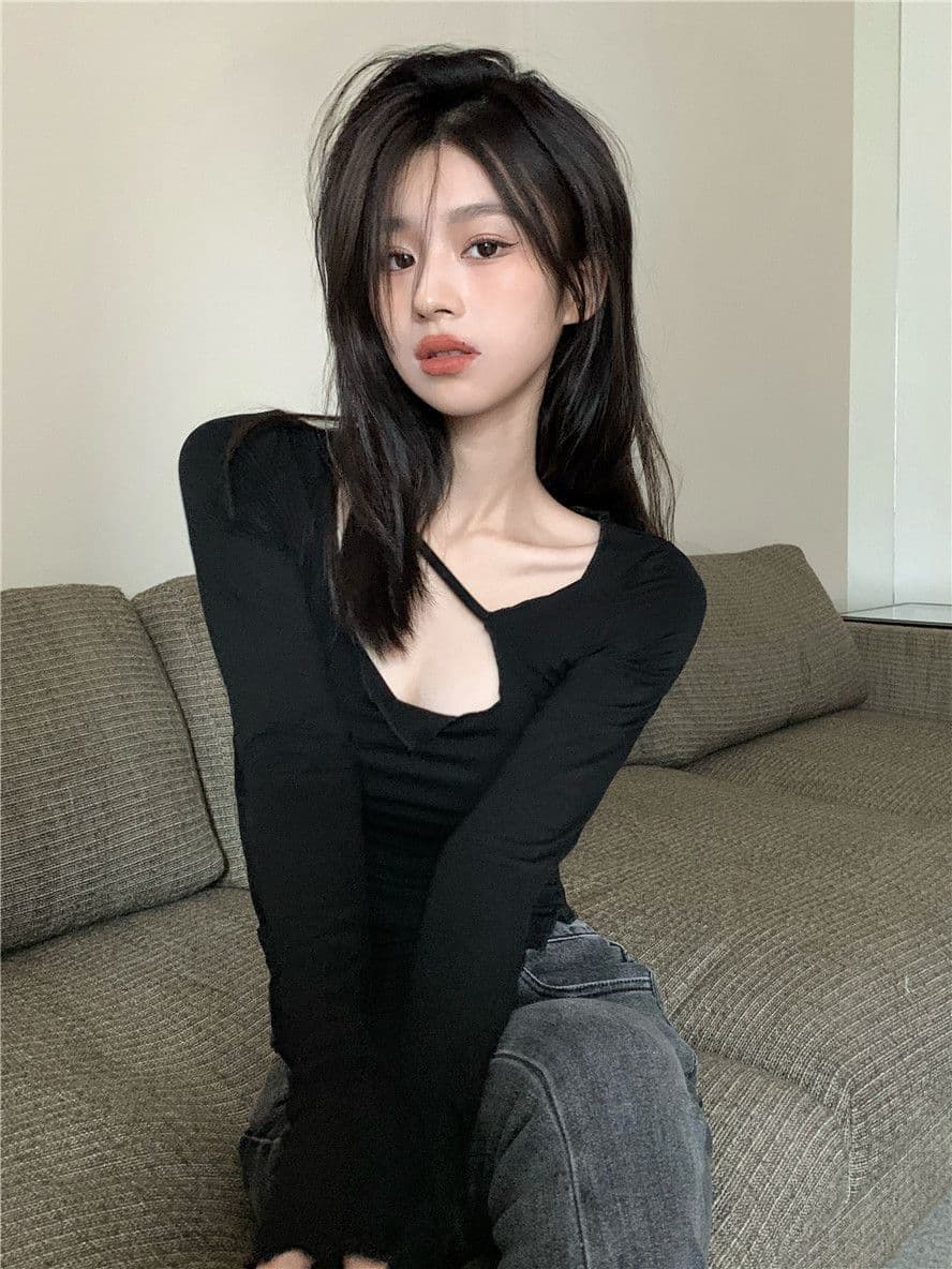 티셔츠 여성 불규칙 몸매 가꾸기 긴팔 인사이드 가져 가라. 기본 셔츠 가을 새로운 디자인 센스 맨위 한국 대외 무역 국경 간 상세 이미지 20