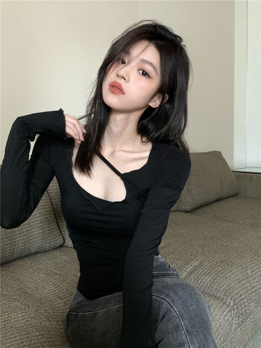 티셔츠 여성 불규칙 몸매 가꾸기 긴팔 인사이드 가져 가라. 기본 셔츠 가을 새로운 디자인 센스 맨위 한국 대외 무역 국경 간 상세 이미지 21