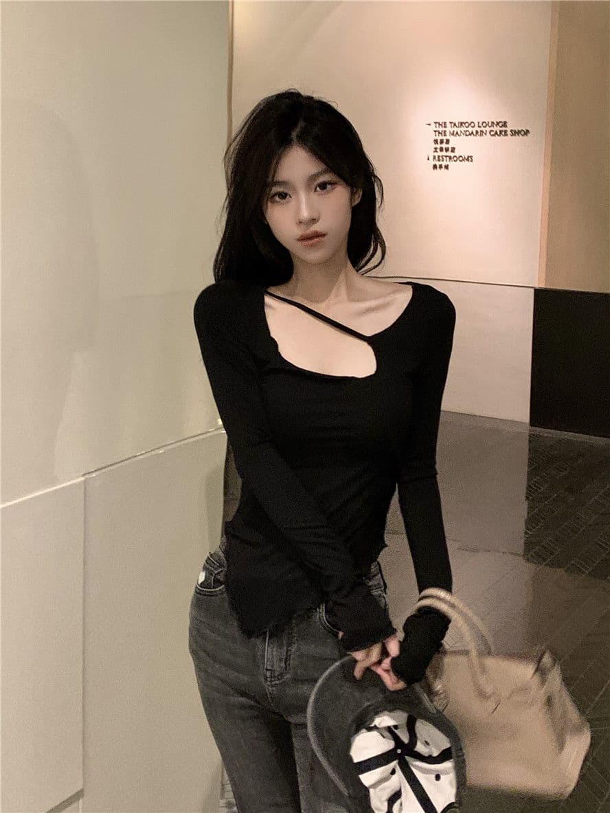 티셔츠 여성 불규칙 몸매 가꾸기 긴팔 인사이드 가져 가라. 기본 셔츠 가을 새로운 디자인 센스 맨위 한국 대외 무역 국경 간 상세 이미지 26