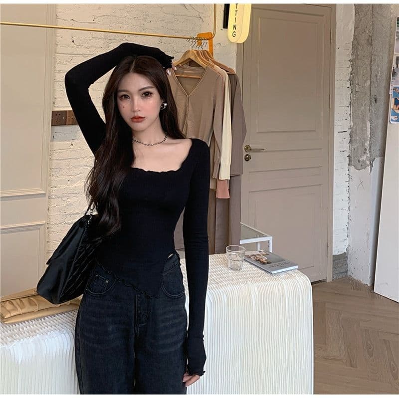 우유 실크 단색 티셔츠 여성 짧은 불규칙 몸매 가꾸기 트임 긴팔 인사이드 가져 가라. 기본 셔츠 한국 대외 무역 국경 간 상세 이미지 19