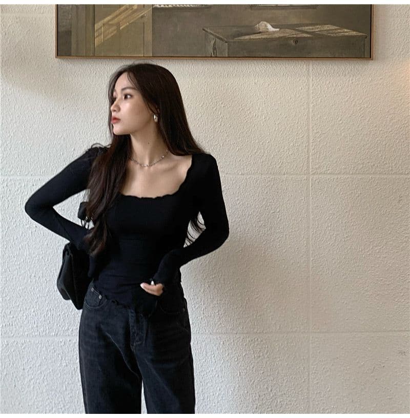 우유 실크 단색 티셔츠 여성 짧은 불규칙 몸매 가꾸기 트임 긴팔 인사이드 가져 가라. 기본 셔츠 한국 대외 무역 국경 간 상세 이미지 20